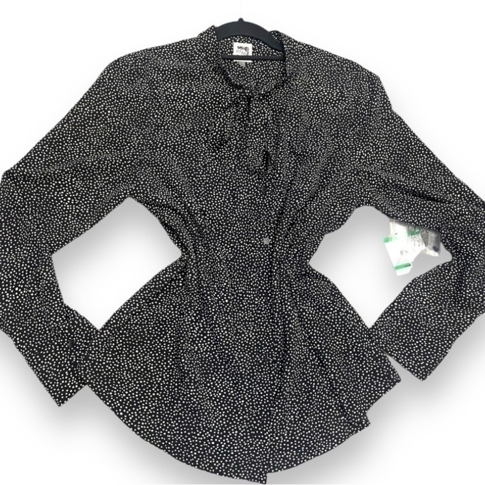 NWT Anne Klein Women’s  Beige & Black Polkadot Button Up Office Blouse - Large